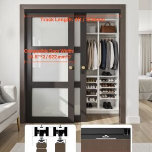 bypass door hardware, 4ft heavy duty bypass sliding door hardware kit, aluminum alloy sliding closet door hardware set with finger pulls, for 2 door system, fit door thickness 1 3/8 " 1 3/4"