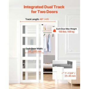 bypass sliding door hardware kit, 4 ft aluminum alloy dual track bypass door hardware, smooth and quiet sliding, easy to install, for 1" to 1 3/4" thickness 24" width 2 door system, for closet