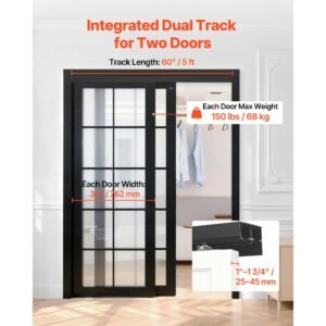 bypass sliding door hardware kit, 5 ft aluminum alloy dual track bypass door hardware, smooth and quiet sliding, easy to install, for 1" to 1 3/4" thickness 30" width 2 door system, for closet