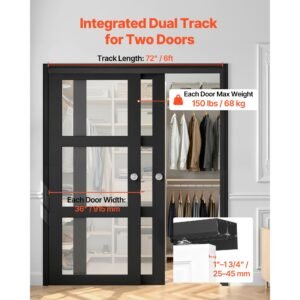 bypass sliding door hardware kit, 6 ft aluminum alloy dual track bypass door hardware, smooth and quiet sliding, easy to install, for 1" to 1 3/4" thickness 36" width 2 door system, for closet