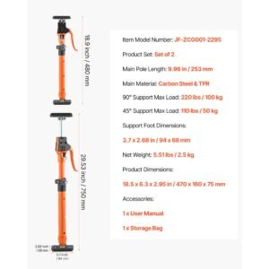 cabinet jack support pole, 2 pack, 18.9 29.5 inch steel telescopic quick support rod, adjustable 3rd hand system up to 220 lbs capacity for installing cabinets, lifting drywall, cargo bars