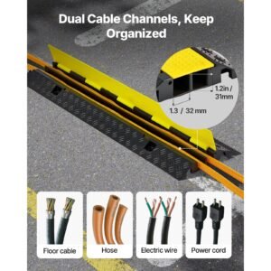 cable protector ramp, 22,000 lbs/axle capacity, 2 channel heavy duty rubber cord hose wire cover, 1.3 x 1.2 in channel, traffic speed bump with flip open top cover, for indoor outdoor, 1 pack