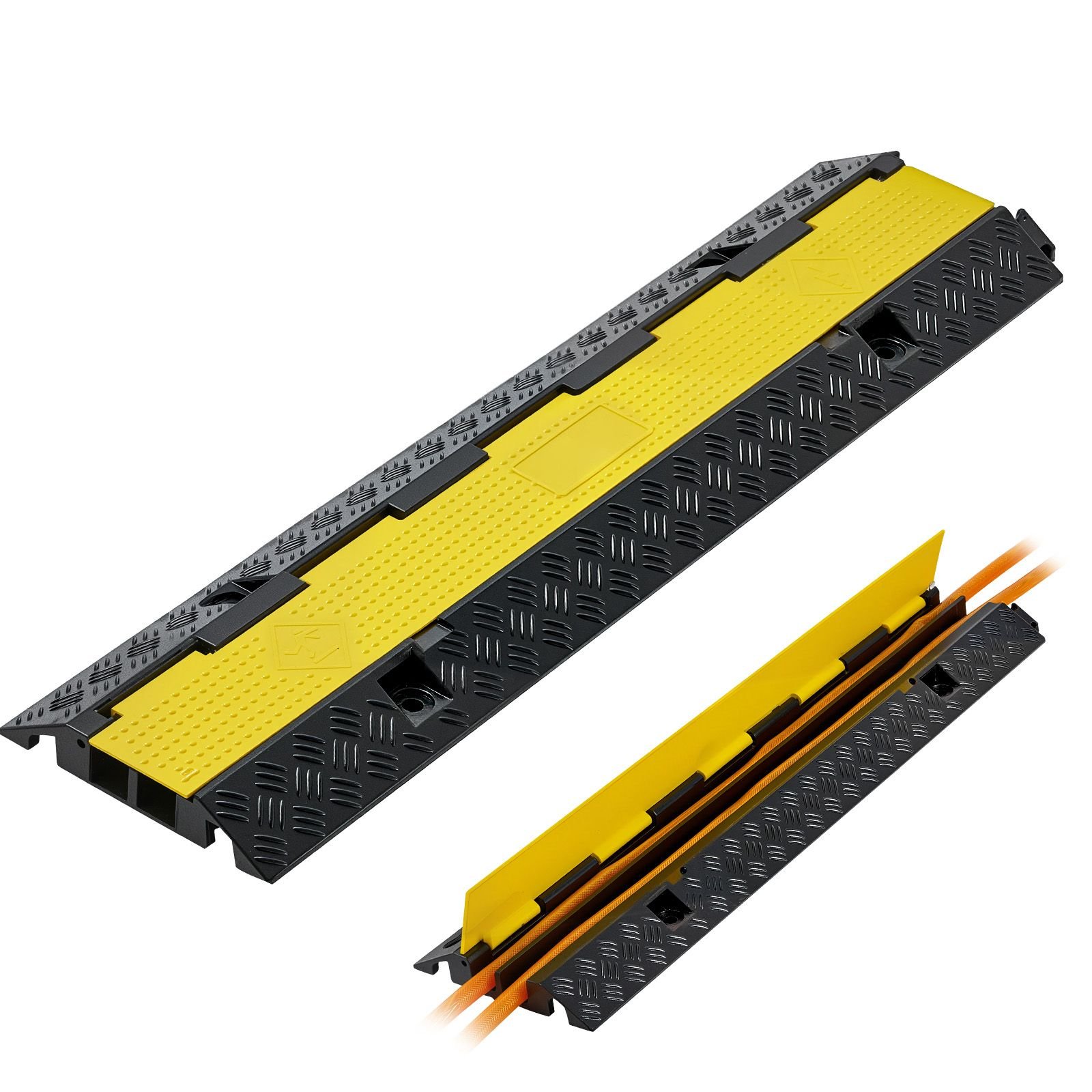 cable protector ramp, 22,000 lbs/axle capacity, 2 channel heavy duty rubber cord hose wire cover, 1.3 x 1.2 in channel, traffic speed bump with flip open top cover, for indoor outdoor, 1 pack