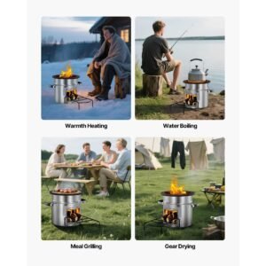 camping rocket stove, wood burning portable rocket stove with carrying bag for backpacking, stainless steel, single door, burn wood, twigs or sticks for outdoor cooking, backyard, camp cooking