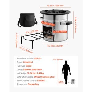 camping rocket stove, wood burning portable rocket stove with carrying bag for backpacking, stainless steel, single door, burn wood, twigs or sticks for outdoor cooking, backyard, camp cooking