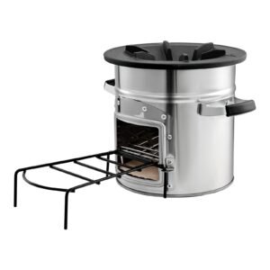 camping rocket stove, wood burning portable rocket stove with carrying bag for backpacking, stainless steel, single door, burn wood, twigs or sticks for outdoor cooking, backyard, camp cooking