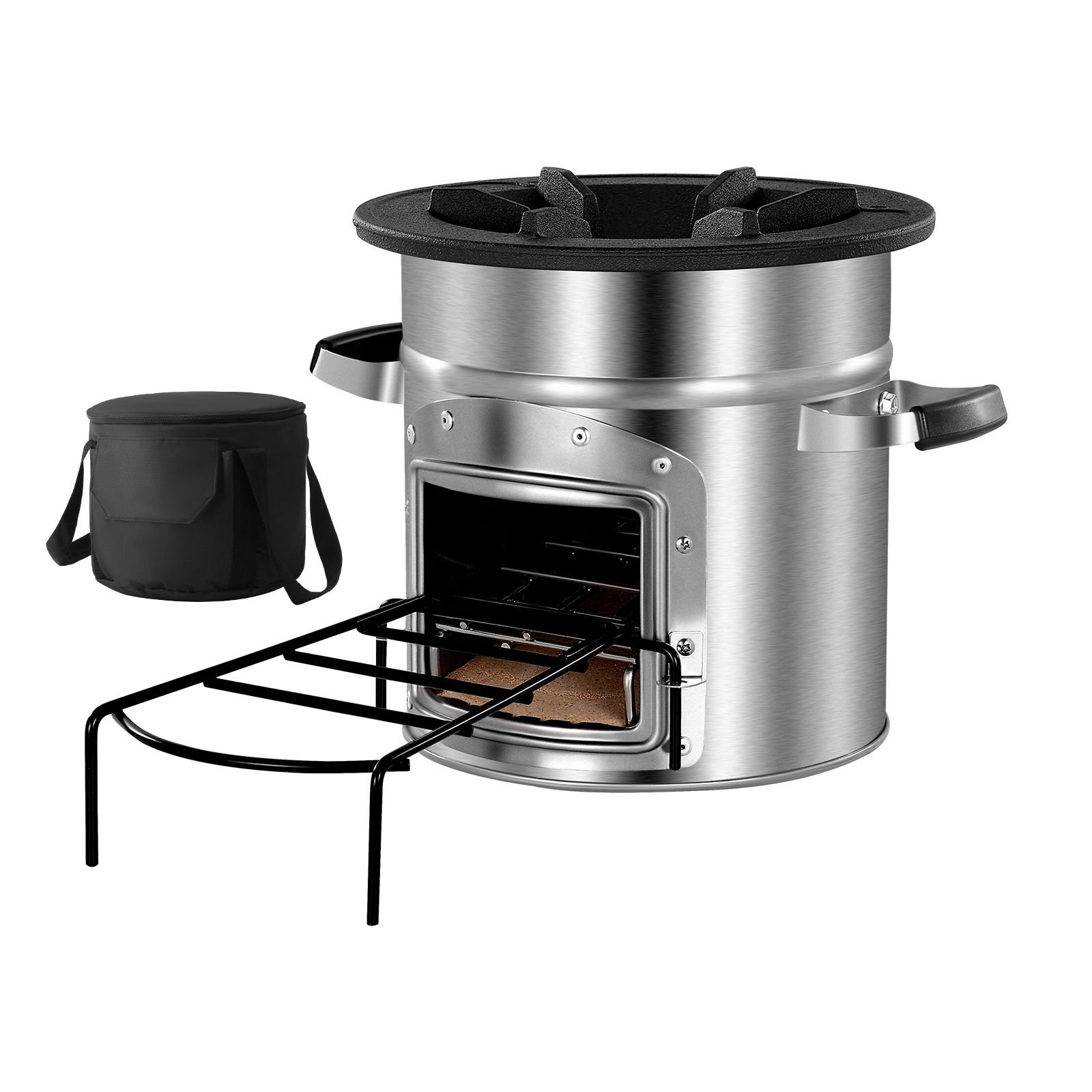 camping rocket stove, wood burning portable rocket stove with carrying bag for backpacking, stainless steel, single door, burn wood, twigs or sticks for outdoor cooking, backyard, camp cooking