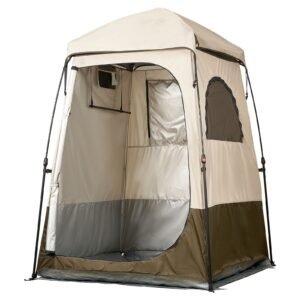 camping shower tent, 1 room, foldable privacy tent changing room with ground stakes, ropes, carry bag, and crossbar, 210d oxford fabric with silver coating, for camping, beach, and fishing