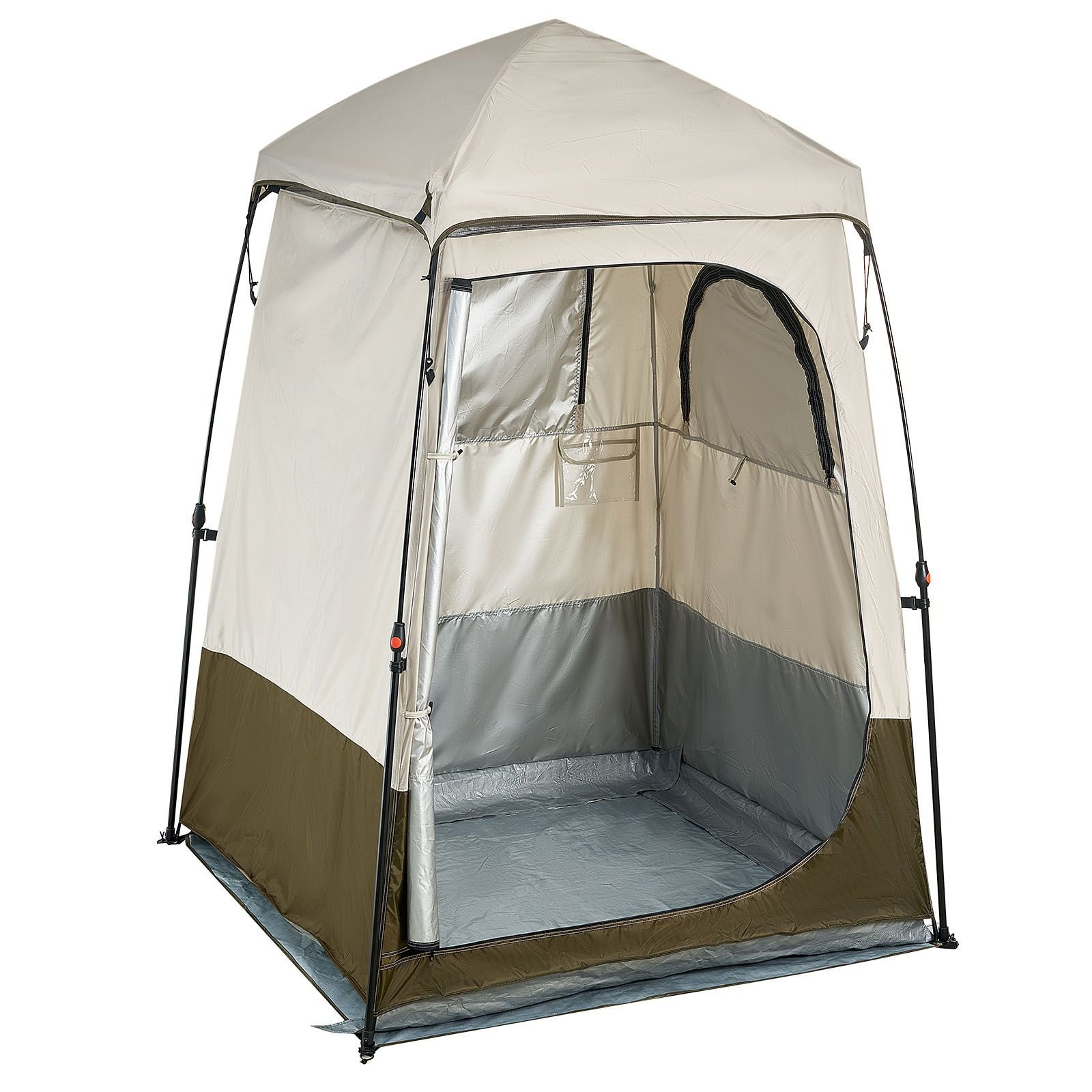 camping shower tent, 1 room, foldable privacy tent changing room with ground stakes, ropes, carry bag, and crossbar, 210d oxford fabric with silver coating, for camping, beach, and fishing