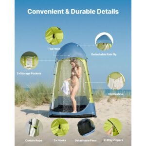 camping shower tent, 1 room, portable privacy tent changing room with ground stakes, ropes, carry bag, and steel poles, 200d oxford fabric with silver coating, for camping, beach, fishing