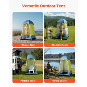 camping shower tent, 1 room, portable privacy tent changing room with ground stakes, ropes, carry bag, and steel poles, 200d oxford fabric with silver coating, for camping, beach, fishing