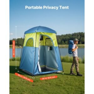 camping shower tent, 1 room, portable privacy tent changing room with shower bag, ground stakes, ropes, carry bag, and support poles, 150d oxford fabric with silver coating, for camping, fishing