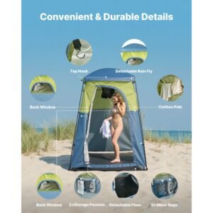 camping shower tent, 1 room, portable privacy tent changing room with shower bag, ground stakes, ropes, carry bag, and support poles, 150d oxford fabric with silver coating, for camping, fishing