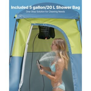 camping shower tent, 1 room, portable privacy tent changing room with shower bag, ground stakes, ropes, carry bag, and support poles, 150d oxford fabric with silver coating, for camping, fishing