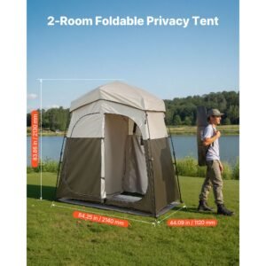 camping shower tent, 2 room foldable portable privacy tent changing room with ground stakes, ropes, and carry bag, 150d oxford fabric with silver coating, for camping, beach, and fishing