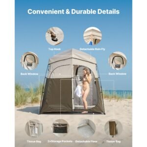 camping shower tent, 2 room foldable portable privacy tent changing room with ground stakes, ropes, and carry bag, 150d oxford fabric with silver coating, for camping, beach, and fishing