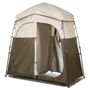 Camping Shower Tent, 2-Room Foldable Portable Privacy Tent Changing Room with Ground Stakes, Ropes, and Carry Bag, 150D Oxford Fabric with Silver Coating, for Camping, Beach, and Fishing