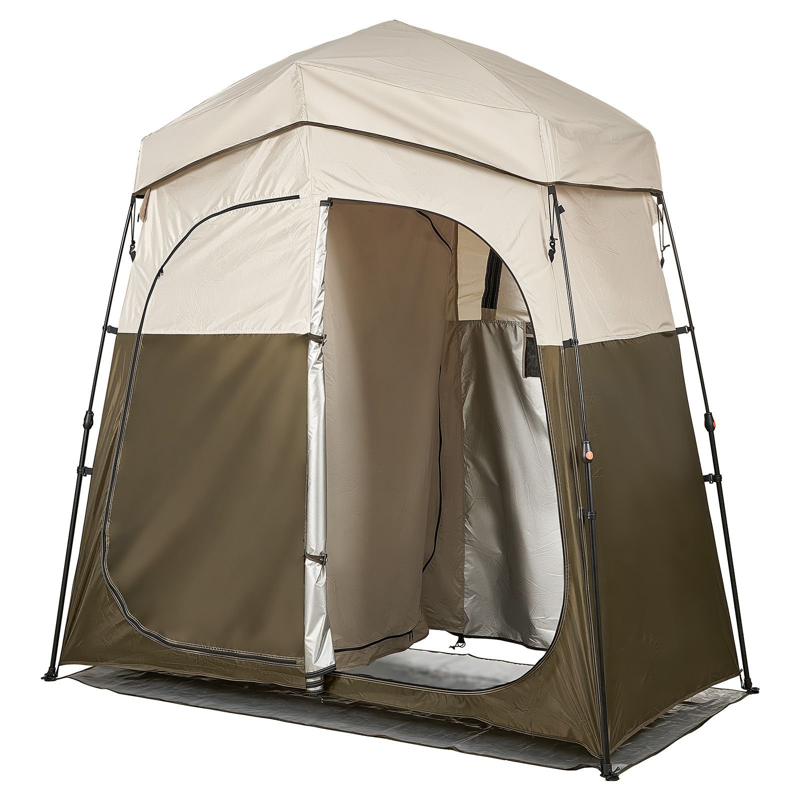 camping shower tent, 2 room foldable portable privacy tent changing room with ground stakes, ropes, and carry bag, 150d oxford fabric with silver coating, for camping, beach, and fishing