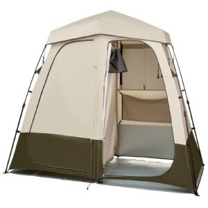 camping shower tent, 2 room foldable privacy tent changing room with ground stakes, ropes, carry bag, and crossbar, 150d oxford fabric with silver coating, for camping, beach, and fishing