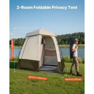 camping shower tent, 2 room foldable privacy tent changing room with ground stakes, ropes, carry bag, and crossbar, 150d oxford fabric with silver coating, for camping, beach, and fishing