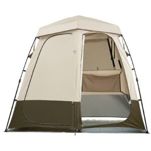 Camping Shower Tent, 2-Room Foldable Privacy Tent Changing Room with Ground Stakes, Ropes, Carry Bag, and Crossbar, 150D Oxford Fabric with Silver Coating, for Camping, Beach, and Fishing