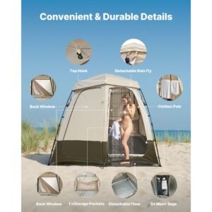 camping shower tent, 2 room foldable privacy tent changing room with ground stakes, ropes, carry bag, and crossbar, 150d oxford fabric with silver coating, for camping, beach, and fishing
