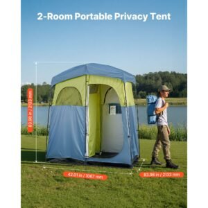 camping shower tent, 2 room portable privacy tent changing room with shower bag, ground stakes, ropes, carry bag, and support poles, 150d oxford fabric with silver coating, for camping, fishing