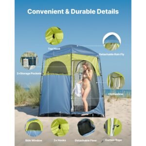 camping shower tent, 2 room portable privacy tent changing room with shower bag, ground stakes, ropes, carry bag, and support poles, 150d oxford fabric with silver coating, for camping, fishing