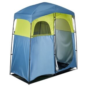 Camping Shower Tent, 2-Room Portable Privacy Tent Changing Room with Shower Bag, Ground Stakes, Ropes, Carry Bag, and Support Poles, 150D Oxford Fabric with Silver Coating, for Camping, Fishing