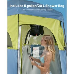 camping shower tent, 2 room portable privacy tent changing room with shower bag, ground stakes, ropes, carry bag, and support poles, 150d oxford fabric with silver coating, for camping, fishing