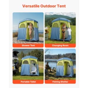 camping shower tent, 2 room portable privacy tent changing room with shower bag, ground stakes, ropes, carry bag, and support poles, 150d oxford fabric with silver coating, for camping, fishing