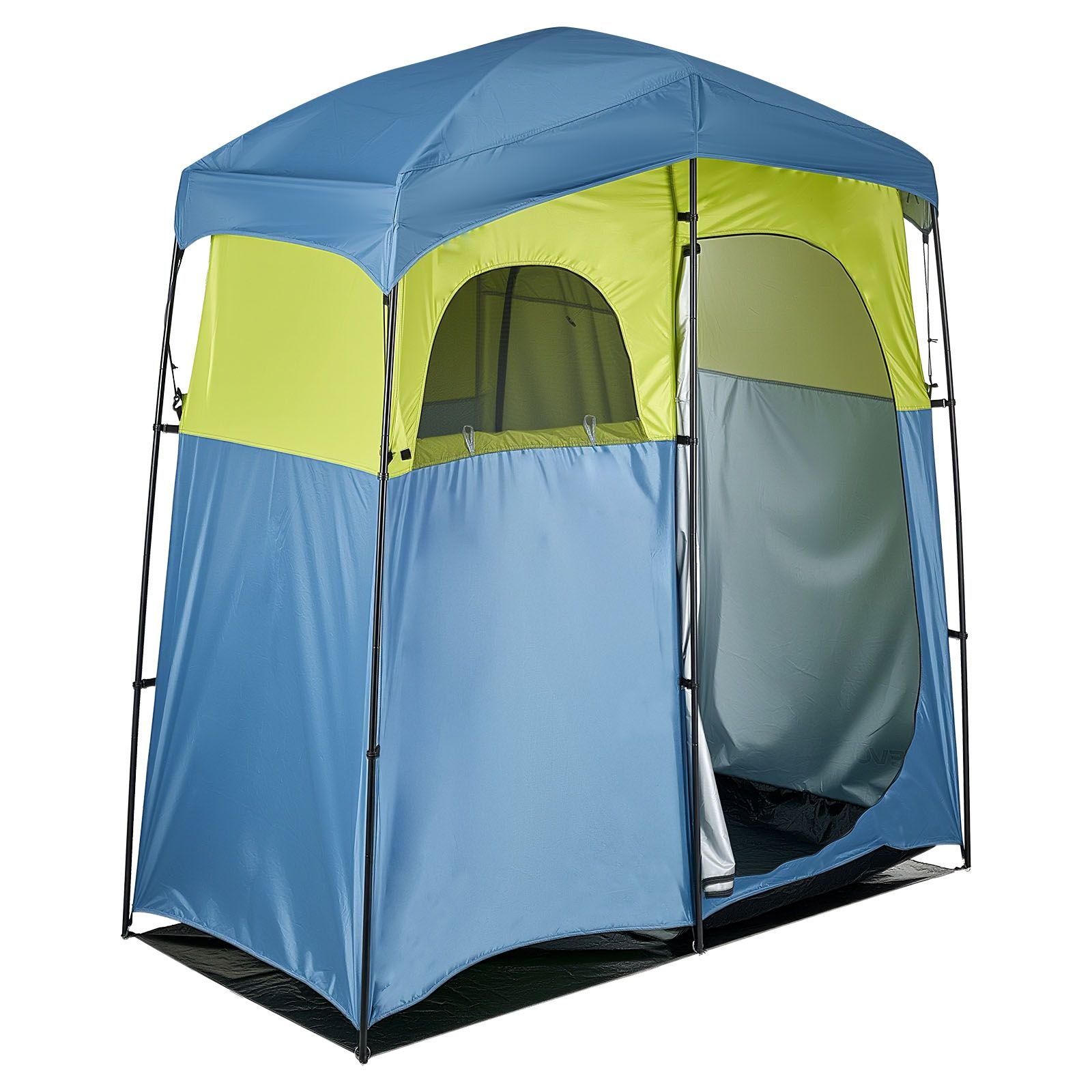camping shower tent, 2 room portable privacy tent changing room with shower bag, ground stakes, ropes, carry bag, and support poles, 150d oxford fabric with silver coating, for camping, fishing