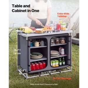 camping storage cabinet, outdoor portable aluminum lightweight table, quick set up compact kitchen cook station, with 6 shelves and carry bag, for picnic, bbq, party, camping, rv traveling