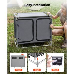 camping storage cabinet, outdoor portable aluminum lightweight table, quick set up compact kitchen cook station, with 6 shelves and carry bag, for picnic, bbq, party, camping, rv traveling
