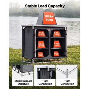 camping storage cabinet, outdoor portable aluminum lightweight table, quick set up compact kitchen cook station, with 6 shelves and carry bag, for picnic, bbq, party, camping, rv traveling