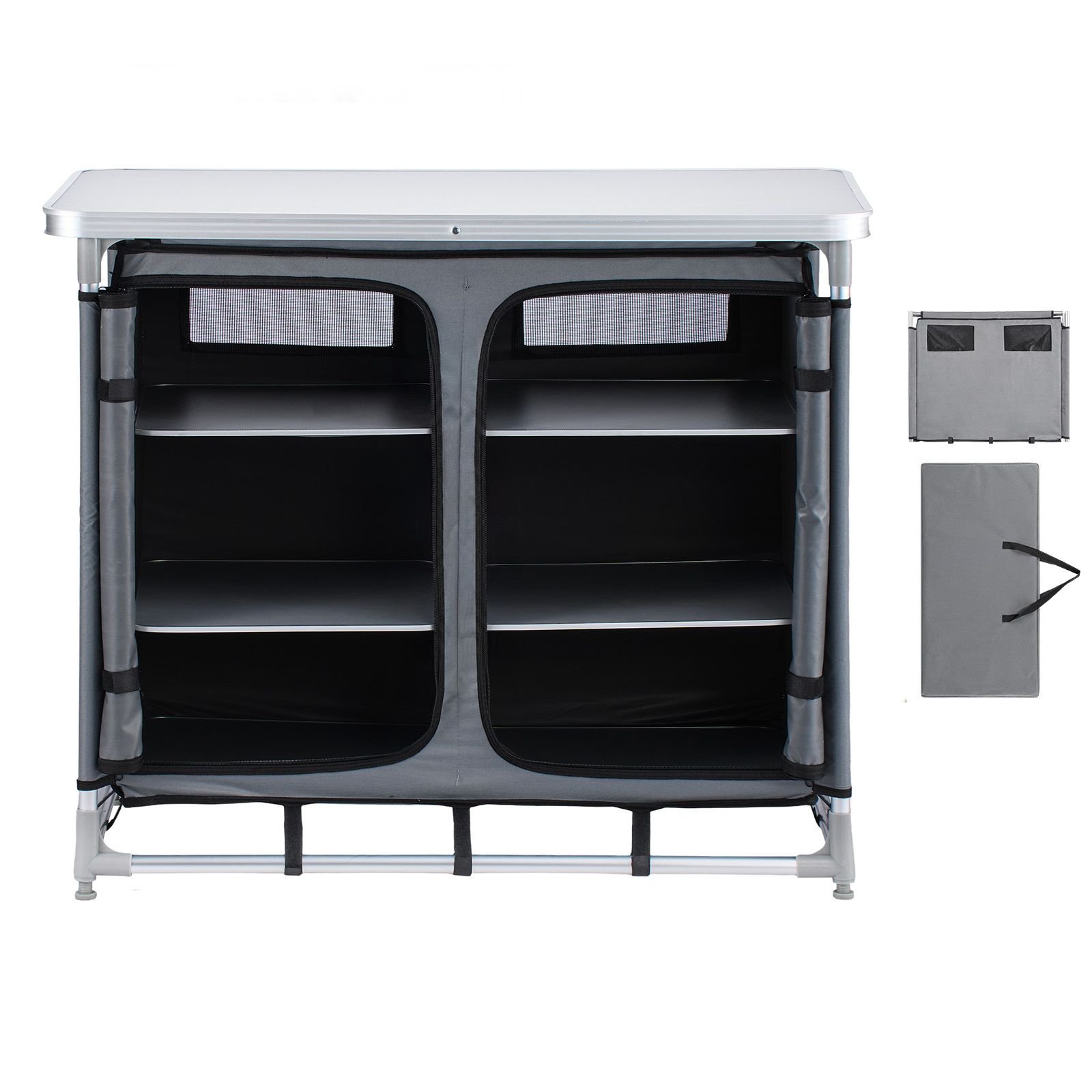 camping storage cabinet, outdoor portable aluminum lightweight table, quick set up compact kitchen cook station, with 6 shelves and carry bag, for picnic, bbq, party, camping, rv traveling