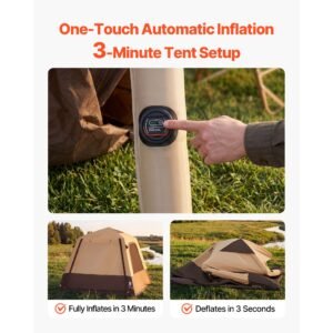 camping tent, 4 person inflatable cabin tent with rechargeable pump, tpu air tube & 5 large mesh windows, portable easy setup waterproof with carry bag for family outdoor camping & hiking, beige