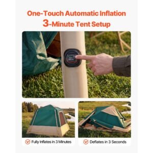 camping tent, 4 person inflatable cabin tent with rechargeable pump, tpu air tube & 5 large mesh windows, portable easy setup waterproof with carry bag for family outdoor camping & hiking, green