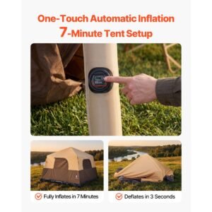 camping tent, 6 person inflatable cabin tent with rechargeable pump, tpu air tube & 4 large mesh windows, portable easy setup waterproof with carry bag for family outdoor camping & hiking, beige