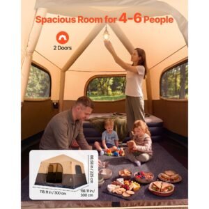 camping tent, 6 person inflatable cabin tent with rechargeable pump, tpu air tube & 4 large mesh windows, portable easy setup waterproof with carry bag for family outdoor camping & hiking, beige