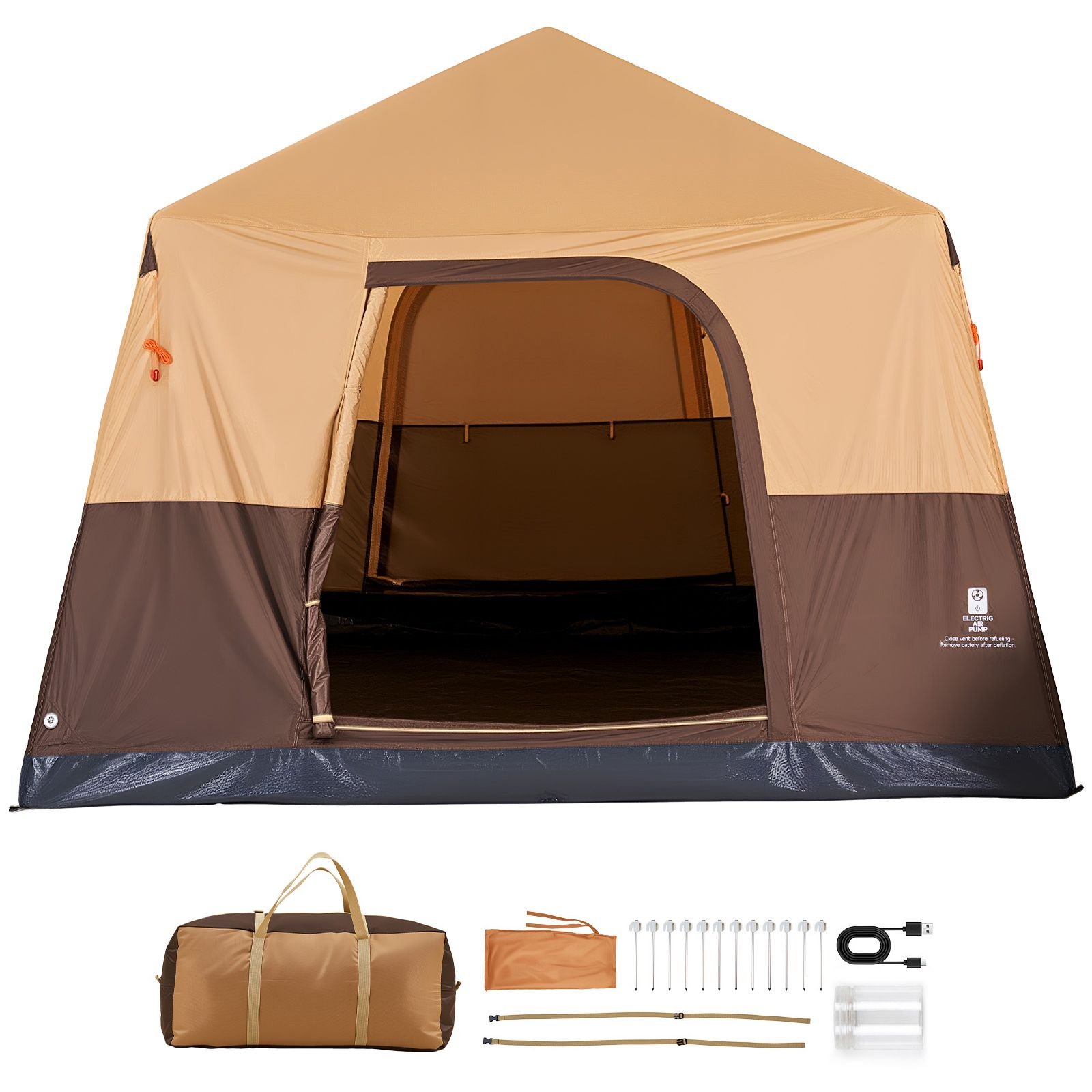 camping tent, 6 person inflatable cabin tent with rechargeable pump, tpu air tube & 4 large mesh windows, portable easy setup waterproof with carry bag for family outdoor camping & hiking, beige
