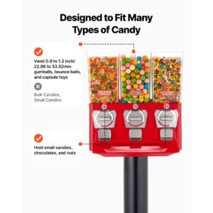 candy vending machine, triple compartment candy vending machine with stand, gumball & candies vendings machines with built in cash box, detachable, vintage candies dispenser for shops, arcades