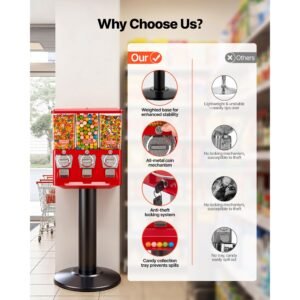 candy vending machine, triple compartment candy vending machine with stand, gumball & candies vendings machines with built in cash box, detachable, vintage candies dispenser for shops, arcades