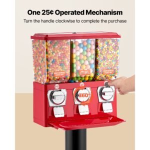 candy vending machine, triple compartment candy vending machine with stand, gumball & candies vendings machines with built in cash box, detachable, vintage candies dispenser for shops, arcades
