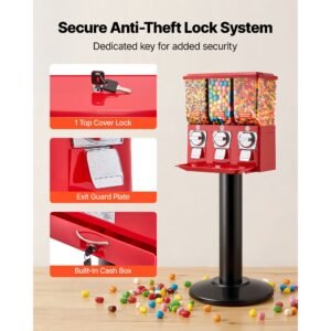 candy vending machine, triple compartment candy vending machine with stand, gumball & candies vendings machines with built in cash box, detachable, vintage candies dispenser for shops, arcades