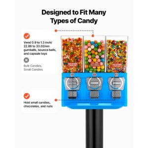 candy vending machine, triple compartment candy vending machine with stand, gumball & candies vendings machines with built in cash box, detachable, vintage candies dispenser for shops, arcades