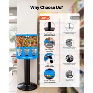 candy vending machine, triple compartment candy vending machine with stand, gumball & candies vendings machines with built in cash box, detachable, vintage candies dispenser for shops, arcades