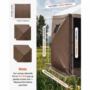 canopy sidewalls, 5.67 x 4.85 ft, canopy tent walls with waterproof and sunlight protection, 1 zippered door & 2 windows design for outdoor event tents, vendor booths (6 sidewalls only, brown)