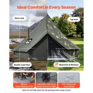 canvas bell tent, 4 seasons 9.84 ft yurt tent for camping with stove jack, canvas breathable holds up to 3 people with zipped detachable floor, for family camping glamping outdoor hunting party