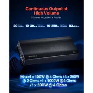 car audio amplifier, 5 channel bridgeable car amplifier, multichannel class d stereo amp, max. 4 x 100w at 4 ohms / 4 x 200w at 2 ohms + 1 x 1000w at 2 ohms / 1 x 500w at 4 ohms, for vehicles